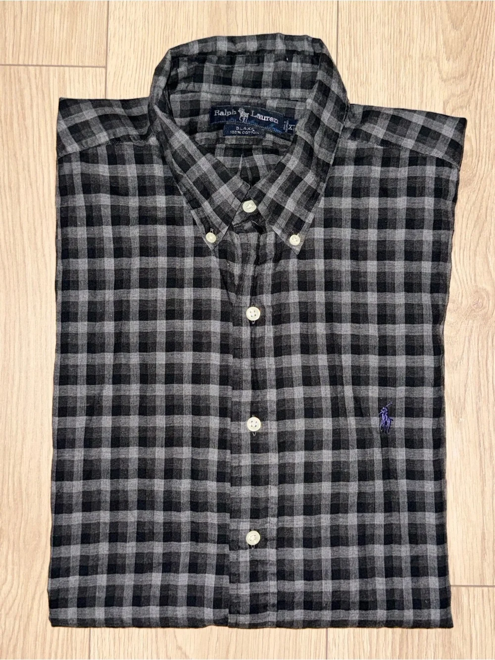 Ralph Lauren Blake Mens XL Charcoal Gray Classic Plaid Cotton Shirt Short Sleeve